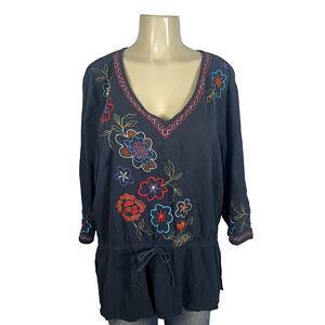 Original Anthony's Shirt Womens 1X Embroidered Floral V-Neck Black Tunic VTG Y2K